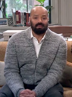 Trey’s grey marled cardigan on Extended Family