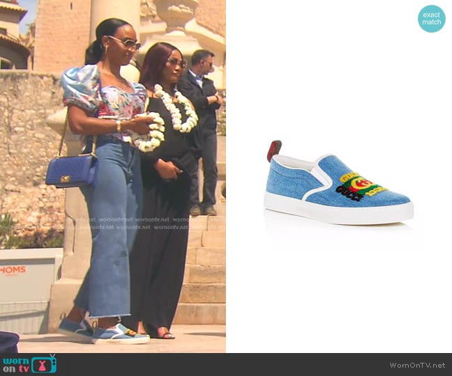 Gucci Kura Denim Slip-On Sneakers worn by Annemarie Wiley on The Real Housewives of Beverly Hills