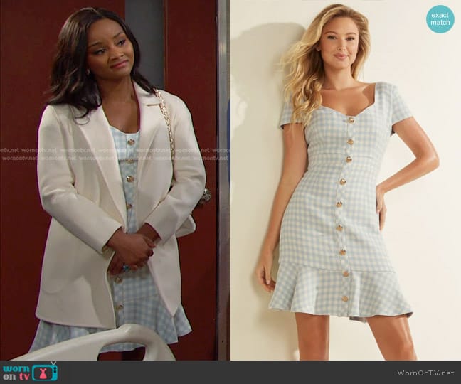 Guess Luca Mini Dress in Blue Gingham worn by Chanel Dupree (Raven Bowens) on Days of our Lives