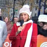 Hoda’s red coat and heart knit pom pom beanie on Today