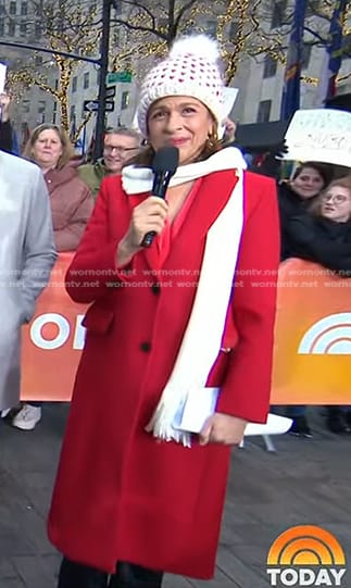 Hoda’s red coat and heart knit pom pom beanie on Today