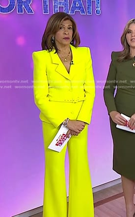 Hoda’s neon yellow belted blazer and flare pants on Today