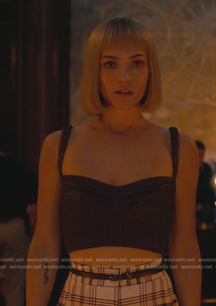Imogene’s burgundy leather smocked top on Death and Other Details