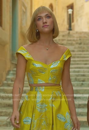 Imogene’s yellow two piece jacquard top and skirt on Death and Other Details