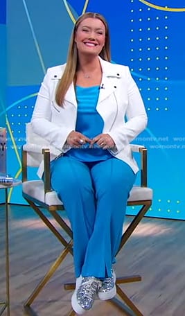 Jamie Kern Lima’s blue top and white moto jacket on Good Morning America