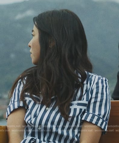 Janes’ blue and white stripe shirt on Mr. & Mrs. Smith