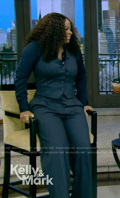 Janelle James’s navy pinstripe vest and pants on Live with Kelly and Mark