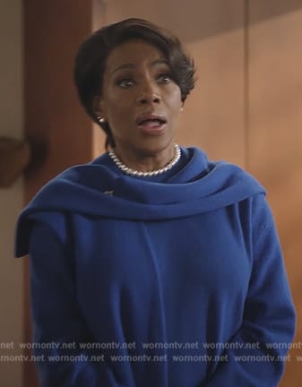 Barbara’s blue sweater with neck tie on Abbott Elementary