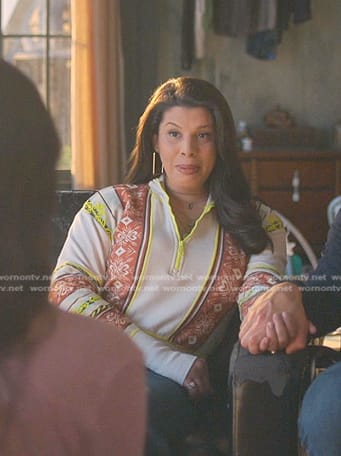 Jazmin’s printed half-zip sweatshirt on Good Trouble