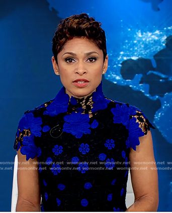 Jericka’s black and blue floral lace dress on CBS Evening News