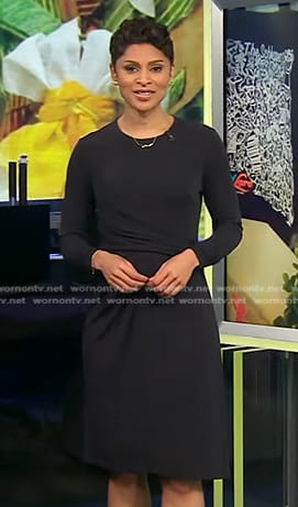 Jericka’s black gathered dress on CBS Evening News