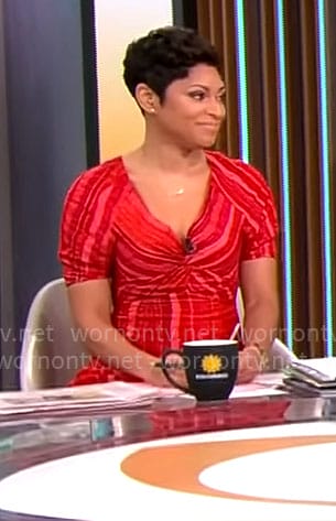 Jericka Duncan’s red striped midi dress on CBS Mornings