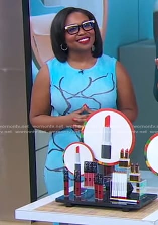 Jessica Cruel’s blue printed sleeveless dress on Good Morning America
