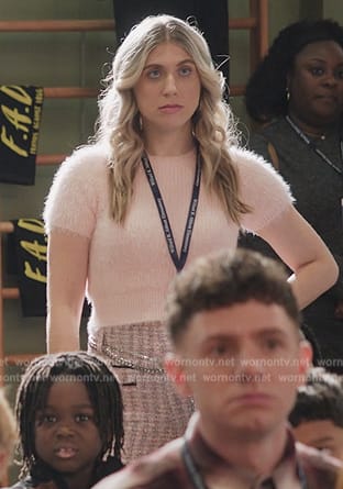 Jessica’s tweed pants and mohair top on Abbott Elementary