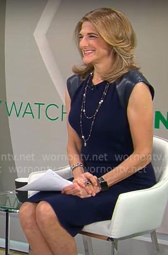 Jill Schlesinger’s navy dress with leather shoulders on CBS Mornings