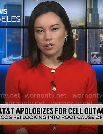 Jo Ling Kent’s red cardigan with gold buttons on CBS Mornings