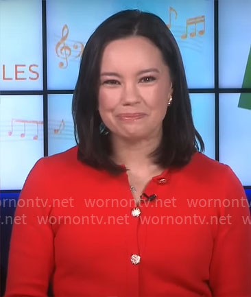 Jo Ling Kent’s red cardigan with gold buttons on CBS Mornings