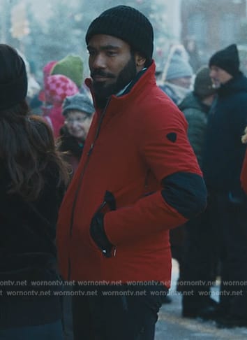 John’s red ski jacket on Mr. & Mrs. Smith