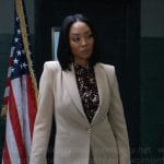 Jordan’s beige long blazer and printed blouse on General Hospital