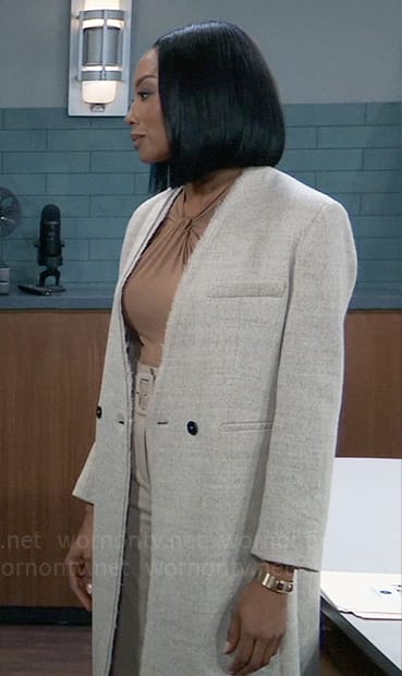Jordan’s long jacket with frayed trim on General Hospital