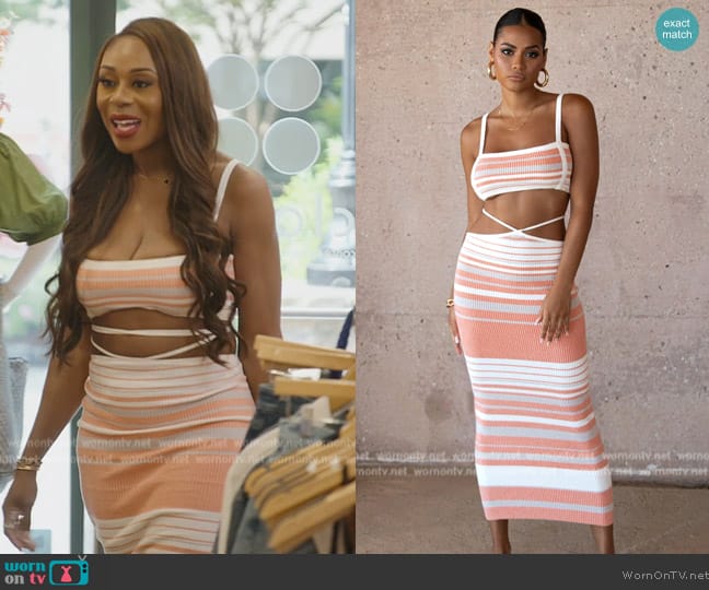 Jluxlabel Peach Cutting Ties Skirt Set worn by Nneka Ihim on The Real Housewives of Potomac