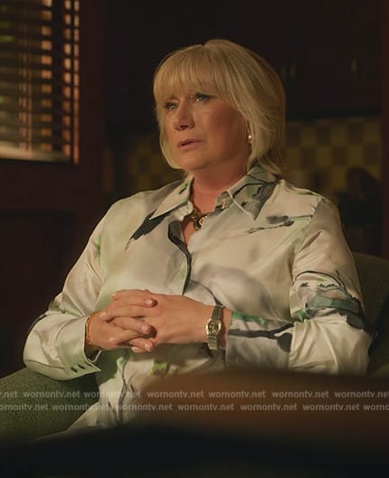Katherine’s floral silk shirt on Death and Other Details