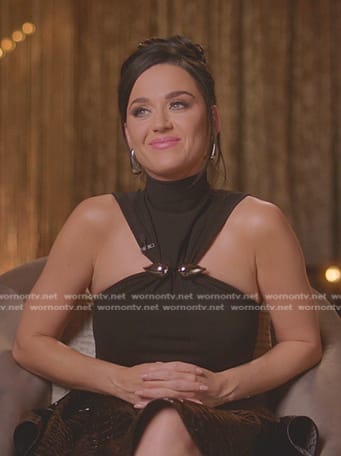 Katy Perry’s black embellished top and crocodile mini skirt on American Idol