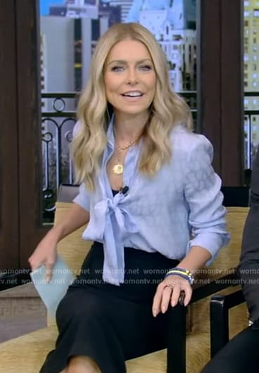 Kelly’s blue tie neck blouse on Live with Kelly and Mark
