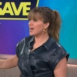 Kelly’s navy leather wrap dress on The Kelly Clarkson Show