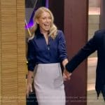 Kelly’s navy satin blouse on Live with Kelly and Mark