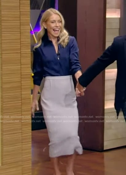 Kelly’s navy satin blouse on Live with Kelly and Mark