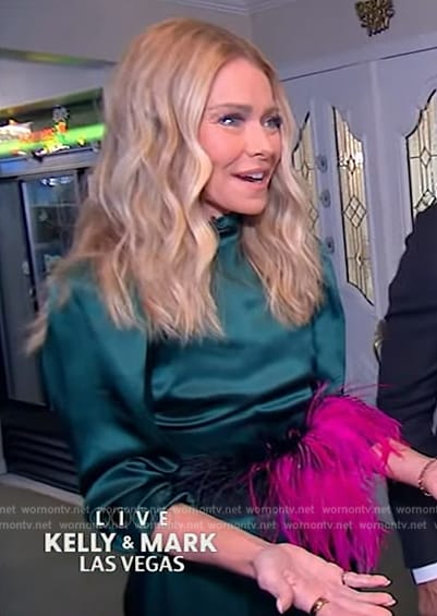 Kelly’s teal satin dress on Live with Kelly and Mark