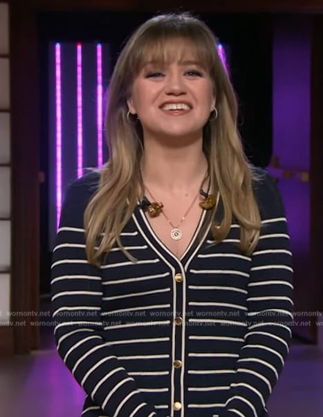 Kelly’s navy stripe button front dress on The Kelly Clarkson Show