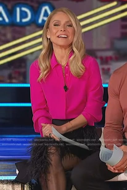 Kelly’s pink blouse and feather trim skirt on Live with Kelly and Mark