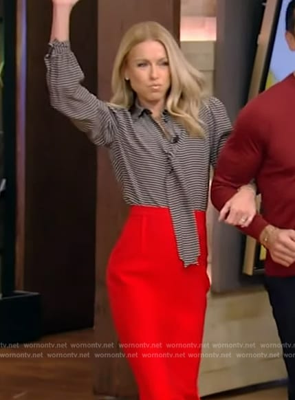 Kelly’s printed tie neck blouse on Live with Kelly and Mark