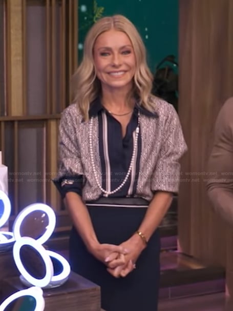 Kelly’s printed blouse and skirt on Live with Kelly and Mark