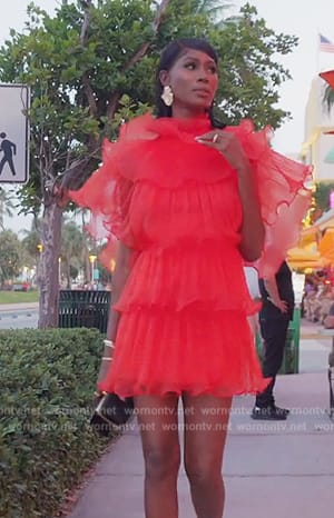 Kiki’s red ruffle mini dress on The Real Housewives of Miami