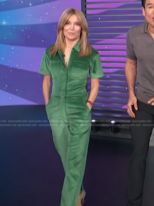 Kit’s green corduroy utility jumpsuit on Access Hollywood