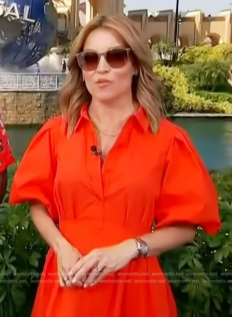 Kit’s red puff sleeve mini dress on Access Hollywood