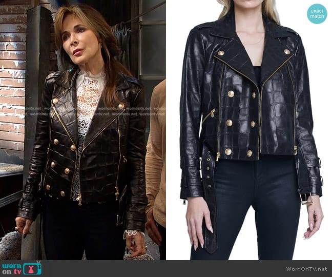 L'Agence Billie Belted Embossed Leather Jacket worn by Kate Roberts (Lauren Koslow) on Days of our Lives