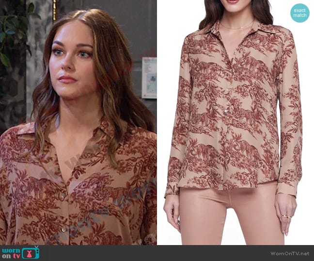L'Agence Nina Print Silk Shirt in Macaroon M Safari Scnc worn by Stephanie Johnson (Abigail Klein) on Days of our Lives