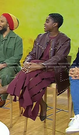 Lashana Lynch’s burgundy cutout dress and grommet leather jacket on Today