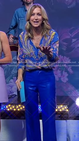 Lara’s blue feather print blouse and leather pants on Good Morning America