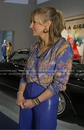 Lara’s blue feather print blouse and leather pants on Good Morning America