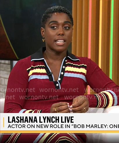 Lashana Lynch’s red striped polo top and skirt set on CBS Mornings