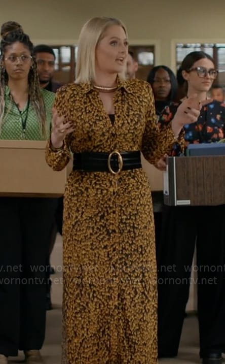 Lexi’s yellow and black printed midi dress on Not Dead Yet