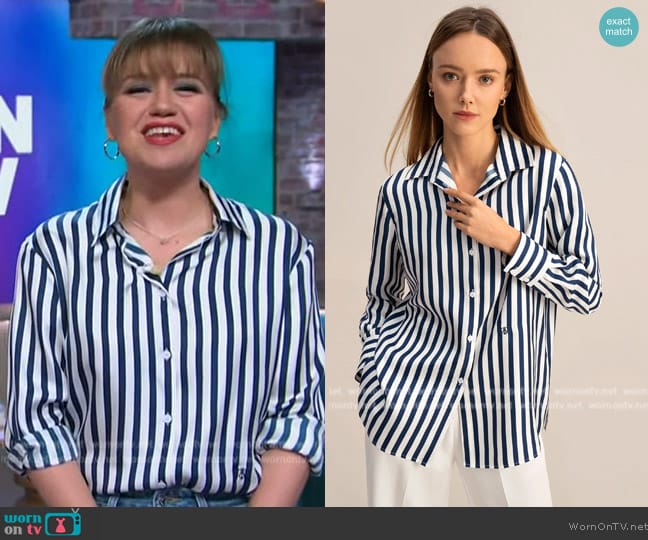 Lily Silk The Amalfi Stripe Silk Shirt worn by Kelly Clarkson on The Kelly Clarkson Show