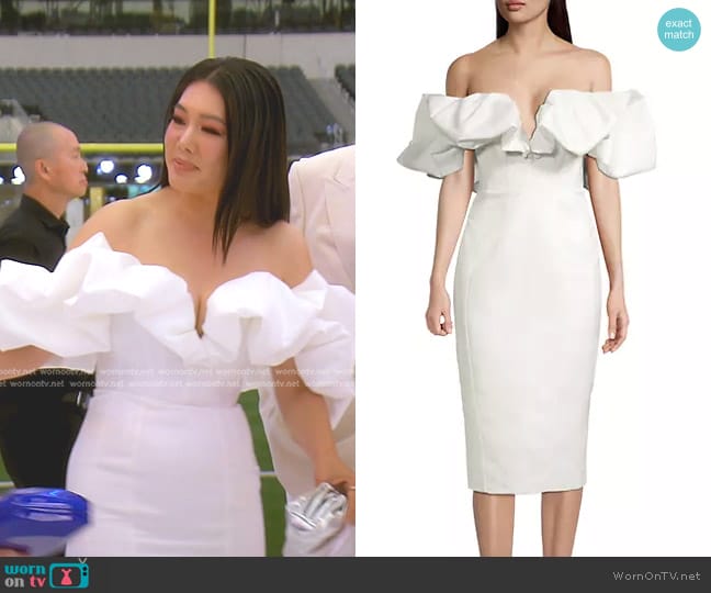 Line & Dot Samara Off-The-Shoulder Midi-Dress worn by Crystal Kung Minkoff on The Real Housewives of Beverly Hills