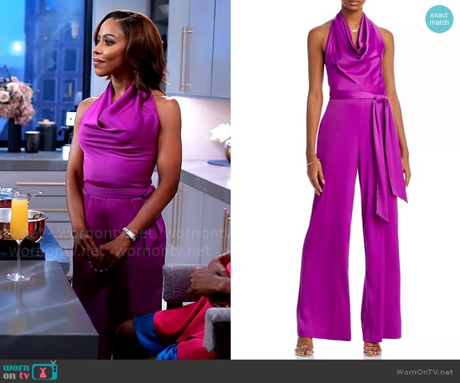 Liv Foster Cowl Neck Jumpsuit in Wild Orchid worn by Andrea Barnes (Kj Smith) on Tyler Perrys Sistas