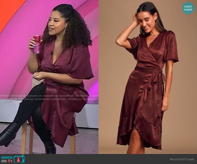 Lulus Wrapped Up In Love Burgundy Satin Faux-Wrap Midi Dress worn by Arianna Davis on Today